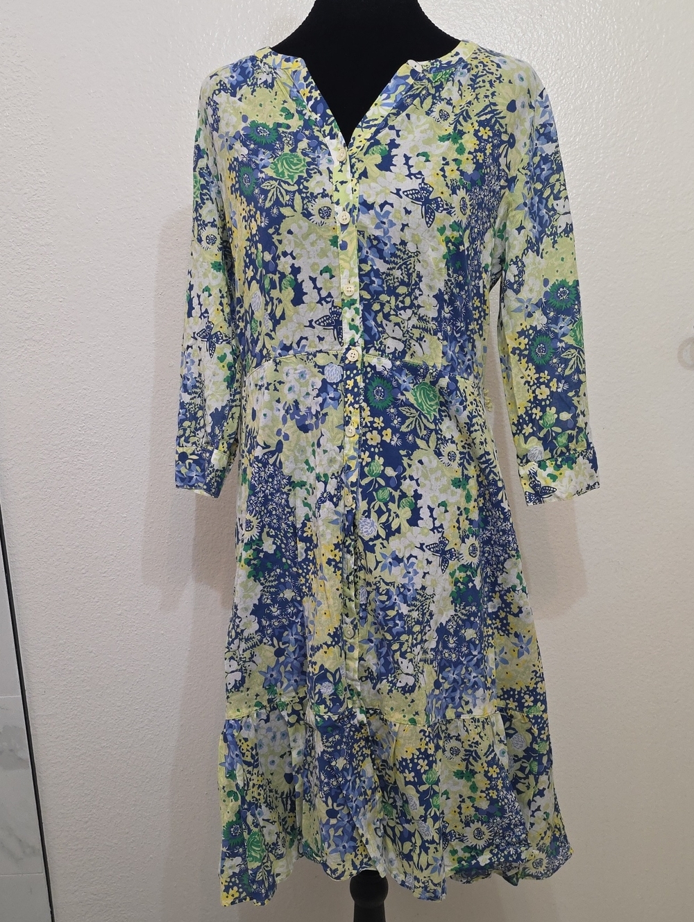 Talbots Floral Button-Front Midi Dress in Blue and Yellow